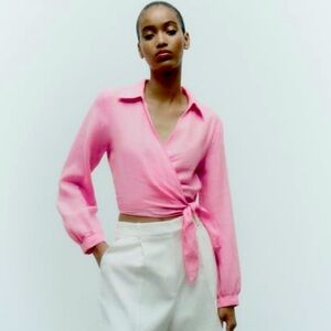 Pink Linen Zara Tie Blouse Size Small